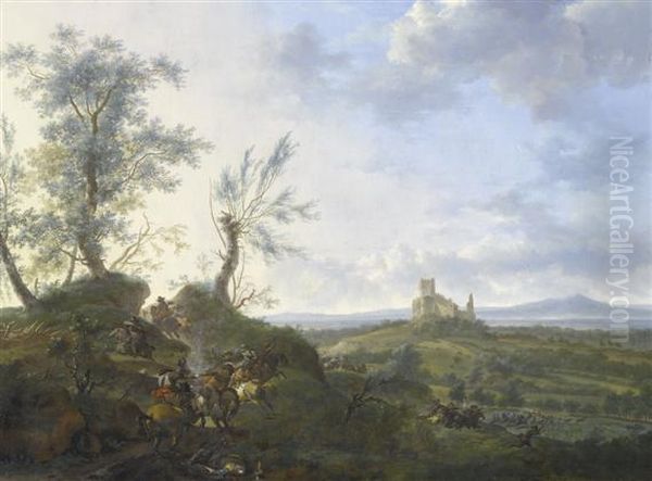 Large Landscape With A Cavalry Combat Andtown Ruins In Background. Oil Painting by Frederick De Moucheron