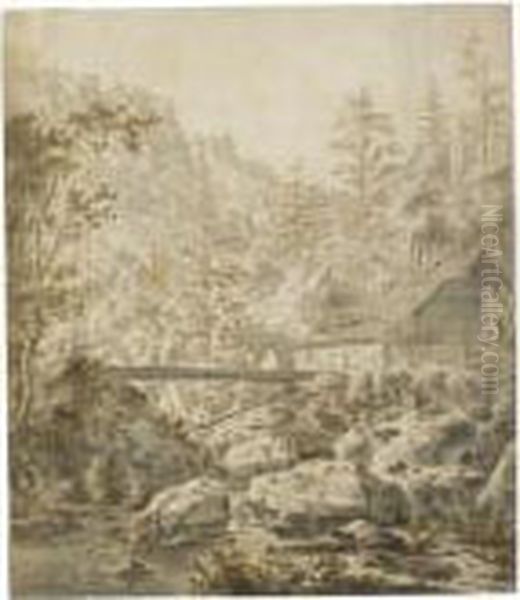 Mountainous River Landscape With Buildings And A Bridge Over Ariver Oil Painting by Frederick De Moucheron