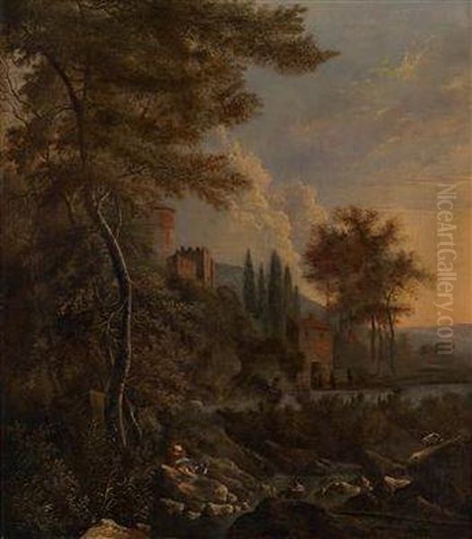 Sudliche Fluslandschaft Mit Einer Burg Und Hirtenstaffage Oil Painting by Frederick De Moucheron