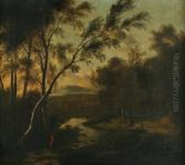 A River Landscape At Sunset With Travelers In The Foreground Oil Painting by Frederick De Moucheron