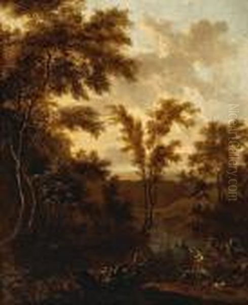 An Italianate Landscape With Animals Andfigures Fording A River Oil Painting by Frederick De Moucheron