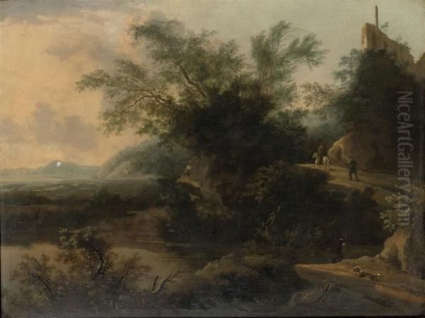 A Wooded Rocky Landscape With Travellers Oil Painting by Frederick De Moucheron