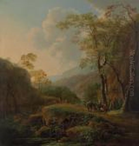 A Wooded Italianate Landscape With Travelers On A Path Oil Painting by Frederick De Moucheron