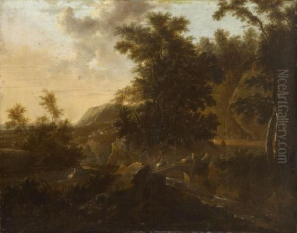 Felsige Flusslandschaft Mit Reitern Oil Painting by Frederick De Moucheron