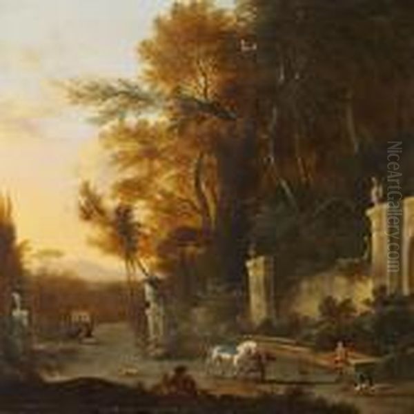 Figures At A Fountain Oil Painting by Frederick De Moucheron