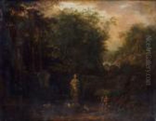 Paysage Boise Avec Un Berger 
Jouant De La Flute Pres D'une Statue Antique Et De Ruines Romaines, 
Vasque, Portique Et Tombeau. Oil Painting by Frederick De Moucheron