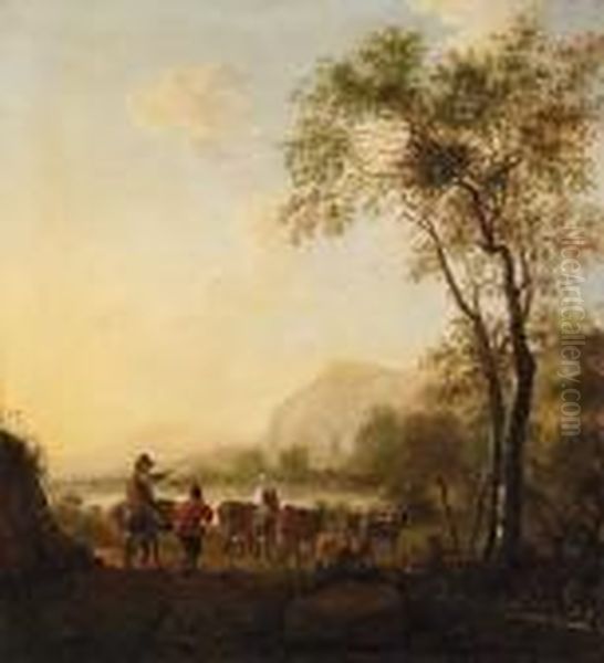 Sherherds With Their Cattle In A Vast River Landscape Oil Painting by Frederick De Moucheron