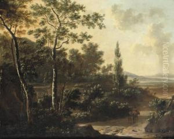 A Wooded Landscape With Travellers On A Path Oil Painting by Frederick De Moucheron