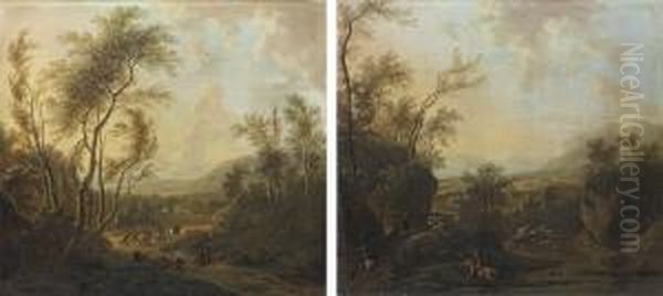 A Wooded Landscape With Cavalrymen Being Ambushed Oil Painting by Frederick De Moucheron