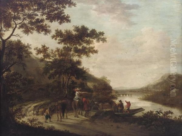 A River Landscape With Travellers On A Track, A Bridge Beyond Oil Painting by Frederick De Moucheron