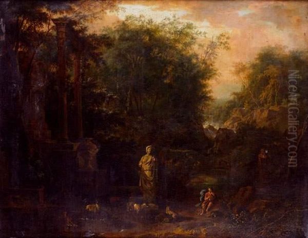 Paysage Boise Avec Un Berger 
Jouant De La Flute Pres D'une Statue Antique Et De Ruines Romaines, 
Vasque, Portique Et Tombeau Oil Painting by Frederick De Moucheron