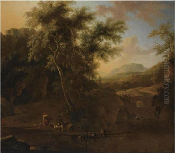 An Italianate Wooded River 
Landscape With Shepherds And Their Herdof Goats In The Foreground, Two 
Travellers And A Donkey On Thebridge Beyond Oil Painting by Frederick De Moucheron