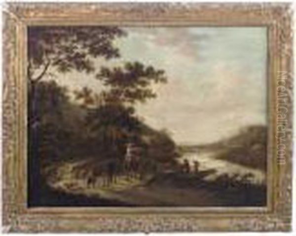 A River Landscape With Travellers On A Country Track, A Bridgebeyond Oil Painting by Frederick De Moucheron