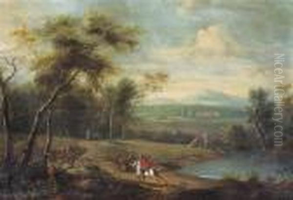 A Wooded River Landscape With Falconiers On Horseback, A Mansionbeyond Oil Painting by Frederick De Moucheron