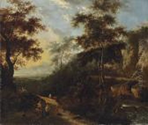 An Extensive Italianate Landscape With Travellers On A Woodedtrack Oil Painting by Frederick De Moucheron