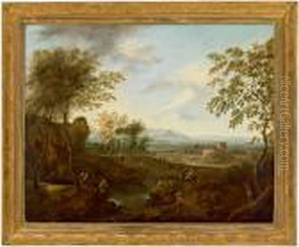 Cavalieri E Viandanti In Un 
Paesaggio Meridionale Con Sullo Sfondo Un Edificio Conventuale Oil Painting by Frederick De Moucheron