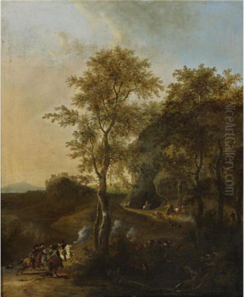 Rocky Landscape With A Cavalry Skirmish Oil Painting by Frederick De Moucheron