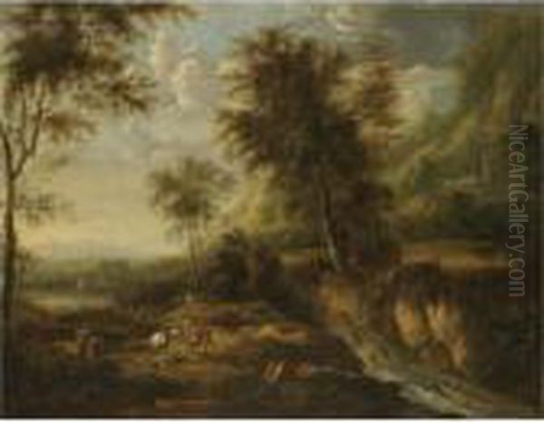 A Military Skirmish In An Expansive Wooded River Landscape Oil Painting by Frederick De Moucheron