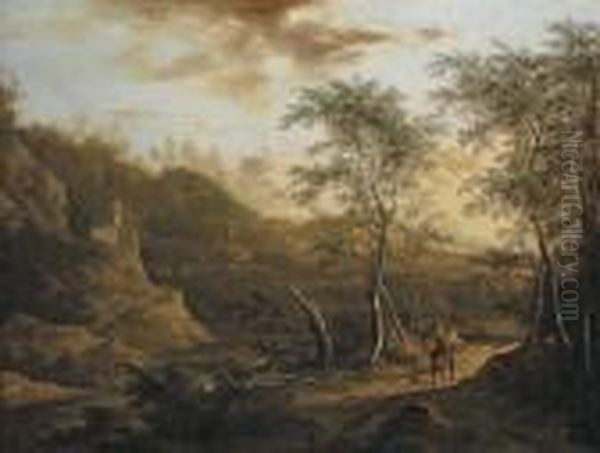 A Wooded River Landscape With A Traveller On A Track Oil Painting by Frederick De Moucheron