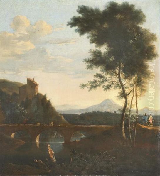 A Mountainous River Landscape With A Herdsman On A Bridge Oil Painting by Frederick De Moucheron