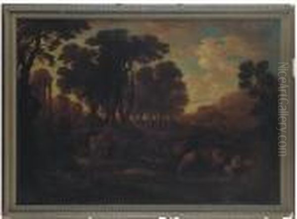 A Classical Landscape With Shepherds Resting Near Roman Ruins Oil Painting by Frederick De Moucheron