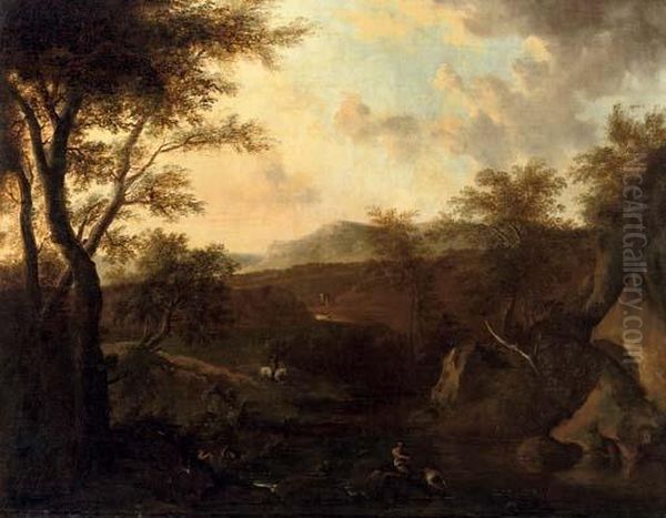 An Italianate River Landscape 
With Fishermen, A Washer Woman And A Traveller On Horseback Beyond Oil Painting by Frederick De Moucheron