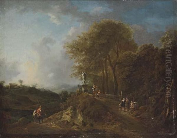 A Wooded River Landscape With Anglers On A Track, Other Figures On A Bridge By A Statue Oil Painting by Frederick De Moucheron