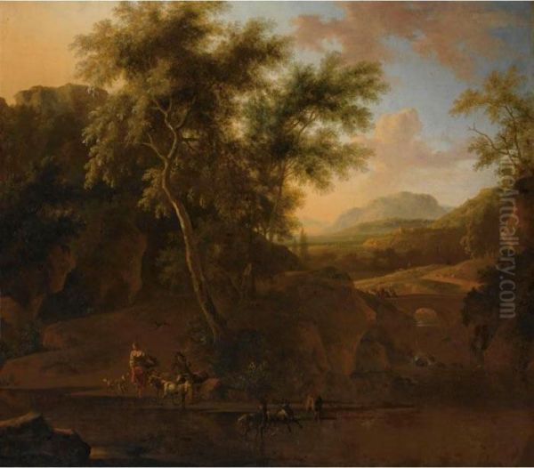 An Italianate Wooded River 
Landscape With Shepherds And Their Herd Of Goats In The Foreground, Two 
Travellers And A Donkey On The Bridge Beyond Oil Painting by Frederick De Moucheron