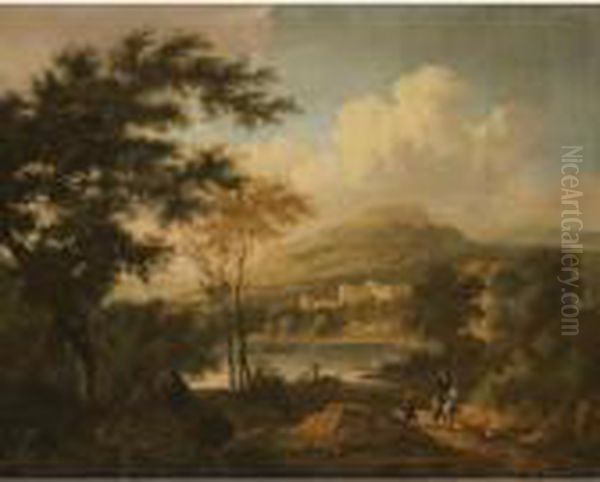 An Italianate Landscape With A Rider And A Beggar On A Path, Fishermen On A Lake Beyond Oil Painting by Frederick De Moucheron