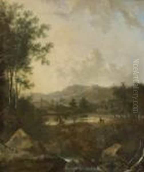 Sudliche Flusslandschaft Mit
 Figurenstaffage. Oil Painting by Frederick De Moucheron