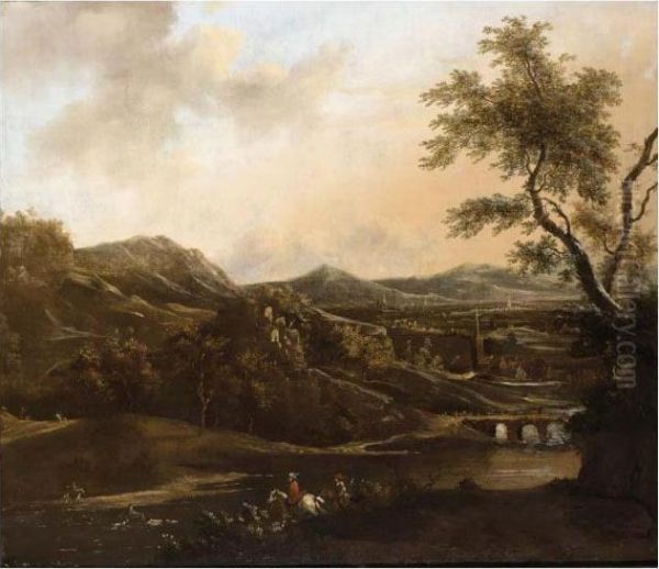 A Stag Hunt In A River Landscape With A View Of A City Beyond Oil Painting by Frederick De Moucheron