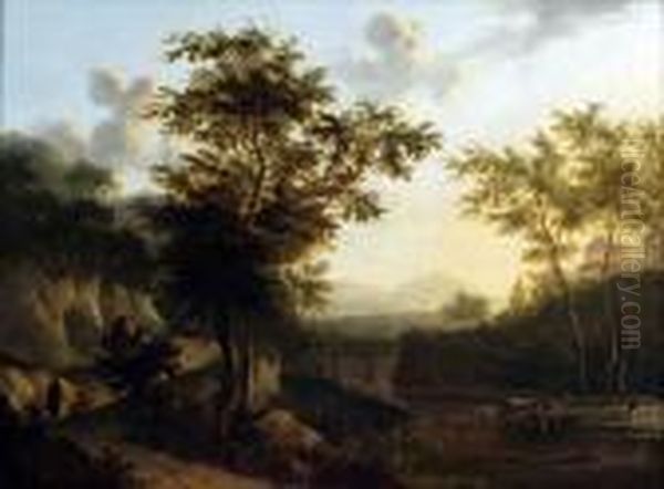 Anitalianate Landscape With 
Cattle Watering By A River, Figures Andpack Horses On A Road, Mountains 
Beyond Oil Painting by Frederick De Moucheron