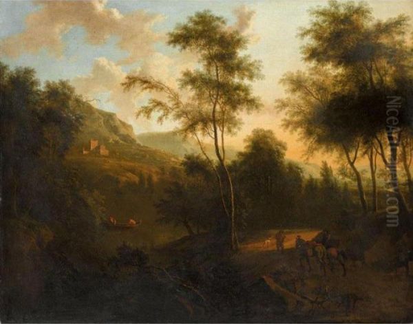 An Extensive Italianate Landscape With Mounted Travellers In The Foreground Oil Painting by Frederick De Moucheron