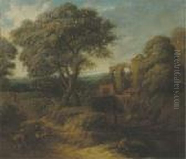 A Wooded Landscape With Figures On A Path Oil Painting by Frederick De Moucheron