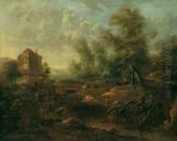 Sudliche Landschaft Mit Jagern 
Und Fischern. Signiert Unten Rechts: Moucheron F. Ol Auf Leinwand. H 93;
 B 115 Cm. Provenienz: Ehemals In Niederlandischem Adelsbesitz. 
Moucheron, Schuler Von J. Asselyn, Malte Italienisierende Waldige 
Berglandschaft Oil Painting by Frederick De Moucheron