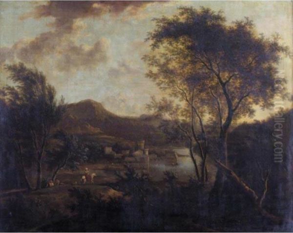 An Extensive Wooded River Landscape With Travellers Oil Painting by Frederick De Moucheron