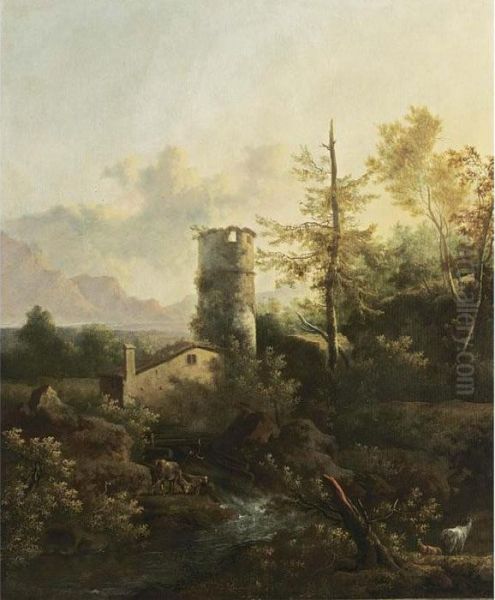 A Mountainous Wooded River Landscape With A Watermill And A Tower Oil Painting by Frederick De Moucheron