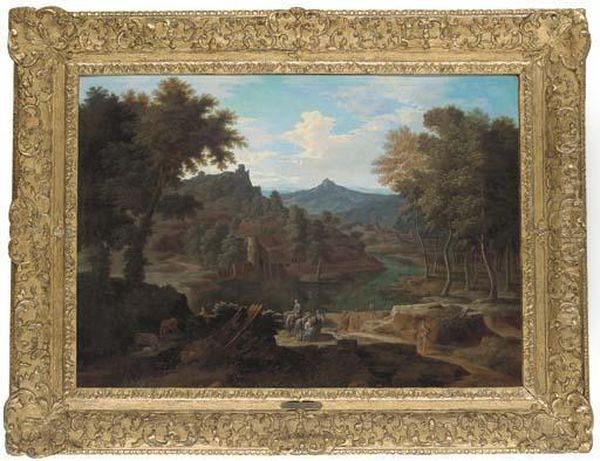 A Mountainous Landscape With Washerwomen By A River Oil Painting by Frederick De Moucheron