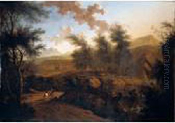 An Extensive Italianate Landscape With Mounted Travellers In The Foreground Oil Painting by Frederick De Moucheron