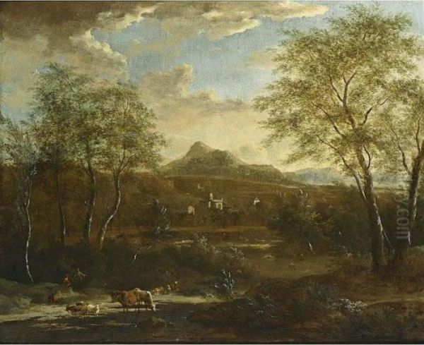 An Extensive Wooded Landscape With Shepherds Watering Their Flock In A Stream Oil Painting by Frederick De Moucheron