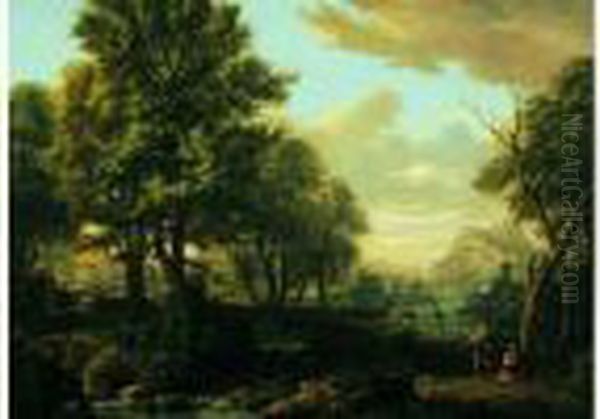 Paysage De Riviere Anime De Paysans Dans La Campagne Italienne Oil Painting by Frederick De Moucheron