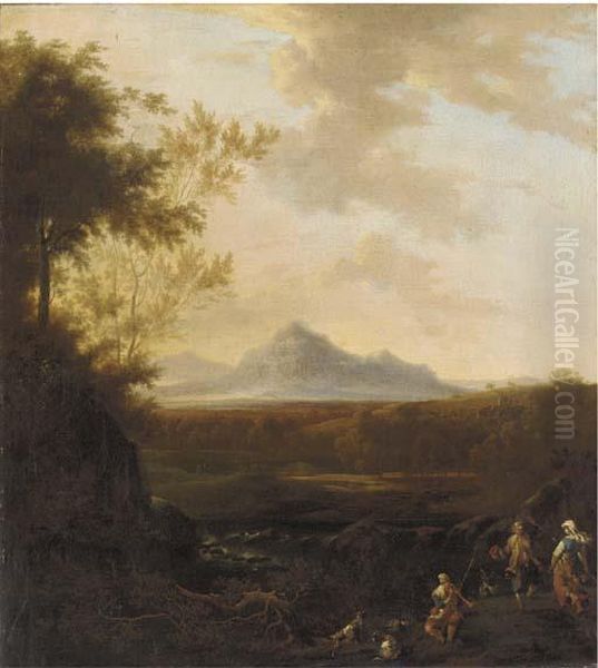 An Extensive River Landscape With A Goatherd Playing A Pipe And Twopeasants Dancing Oil Painting by Frederick De Moucheron