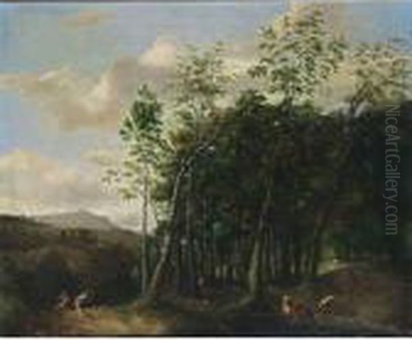 A Wooded Landscape With A Deer Hunt Oil Painting by Frederick De Moucheron