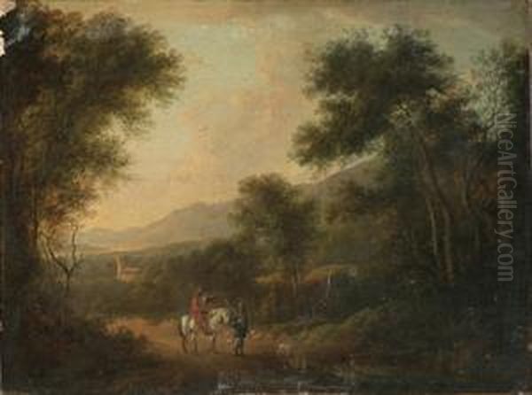 Travellers In An Italianate Landscape Oil Painting by Frederick De Moucheron