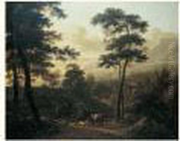 Paysage Boise De La Campagne Romaine Anime De Bergers Oil Painting by Frederick De Moucheron