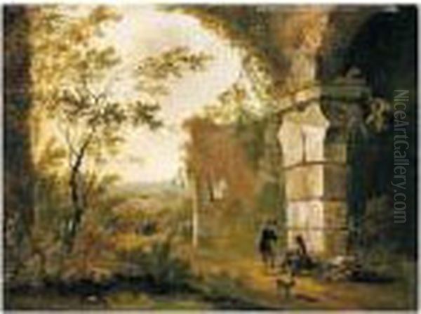 A Southern Landscape With Travellers Resting Among Ruins Oil Painting by Frederick De Moucheron