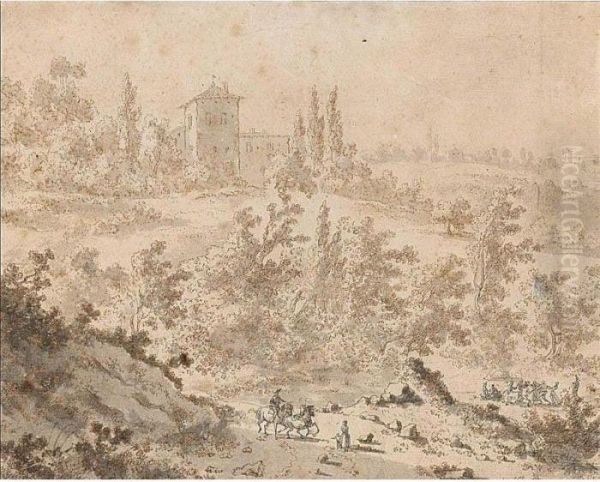 Italianate Landscape With A Group Of Revellers In A Clearing And Travellers On A Road Oil Painting by Frederick De Moucheron