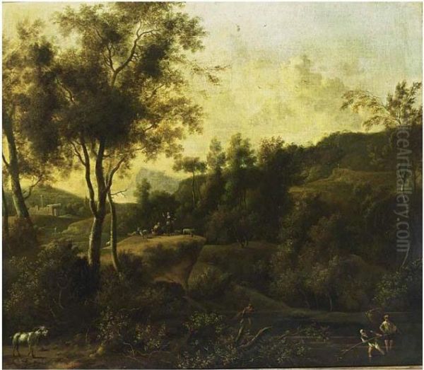 A Southern Wooded Landscape With
 Fishermen In A Stream And Shepherds With Their Herd In The Background Oil Painting by Frederick De Moucheron