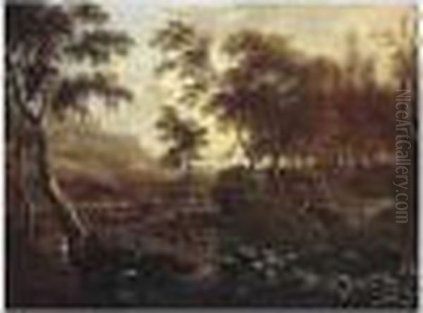 A Wooded Landscape With A Hunting Party At The Edge Of A River Oil Painting by Frederick De Moucheron