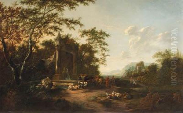 Shepherds With Cattle And Sheep By A Fountain In An Italianatelandscape, At Sunset Oil Painting by Frederick De Moucheron